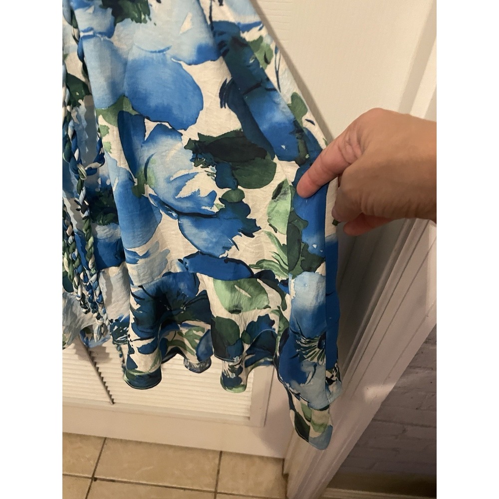 Alex Marie 14P Blue Floral Faux Wrap Dress Petite Puff Sleeve Belted - Picture 6 of 9